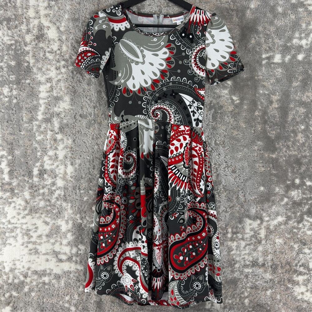 LuLaRoe Size XXS Amelia‎ Paisley Knee Length Fit & Flare Dress Black Orange Zip